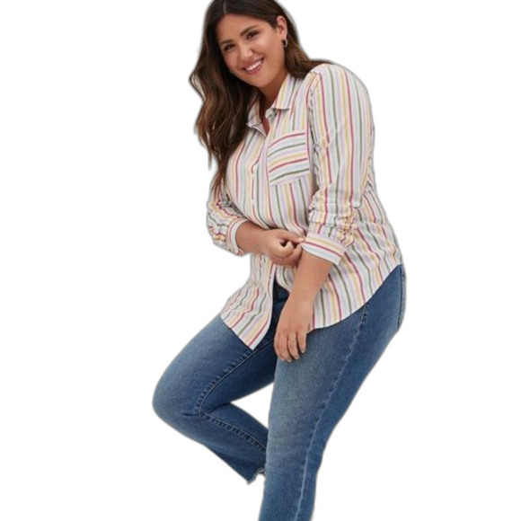 Torrid Women's Lizzie Rayon Crepe Button Down Long Sleeve Striped Shirt - Picture 2 of 7